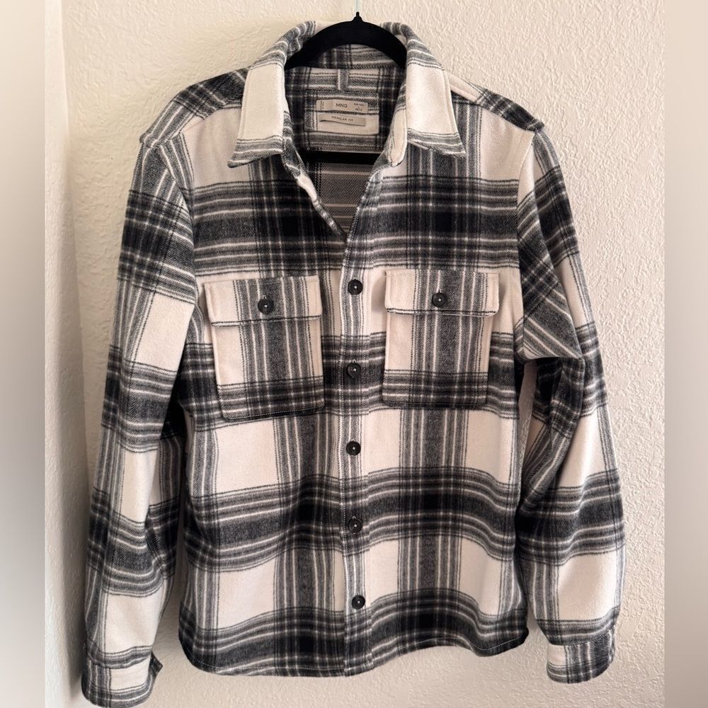 Mango Black and White Utility Jacket with Plaid Design
